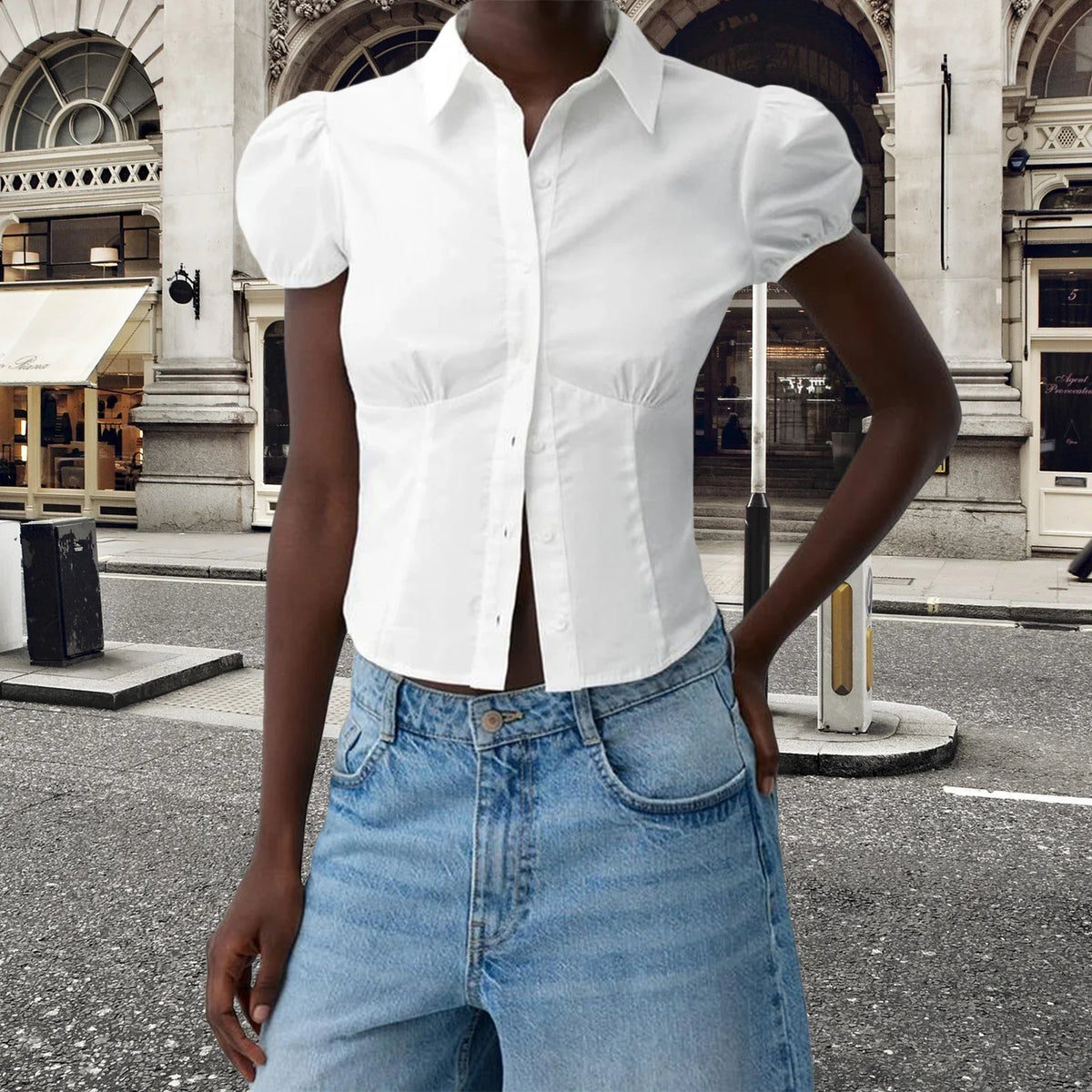 Chic Solid Color/Striped Print Button Down Tops Women Puff Sleeve Lapel Collar Slim Fit Shirts Summer Blouses