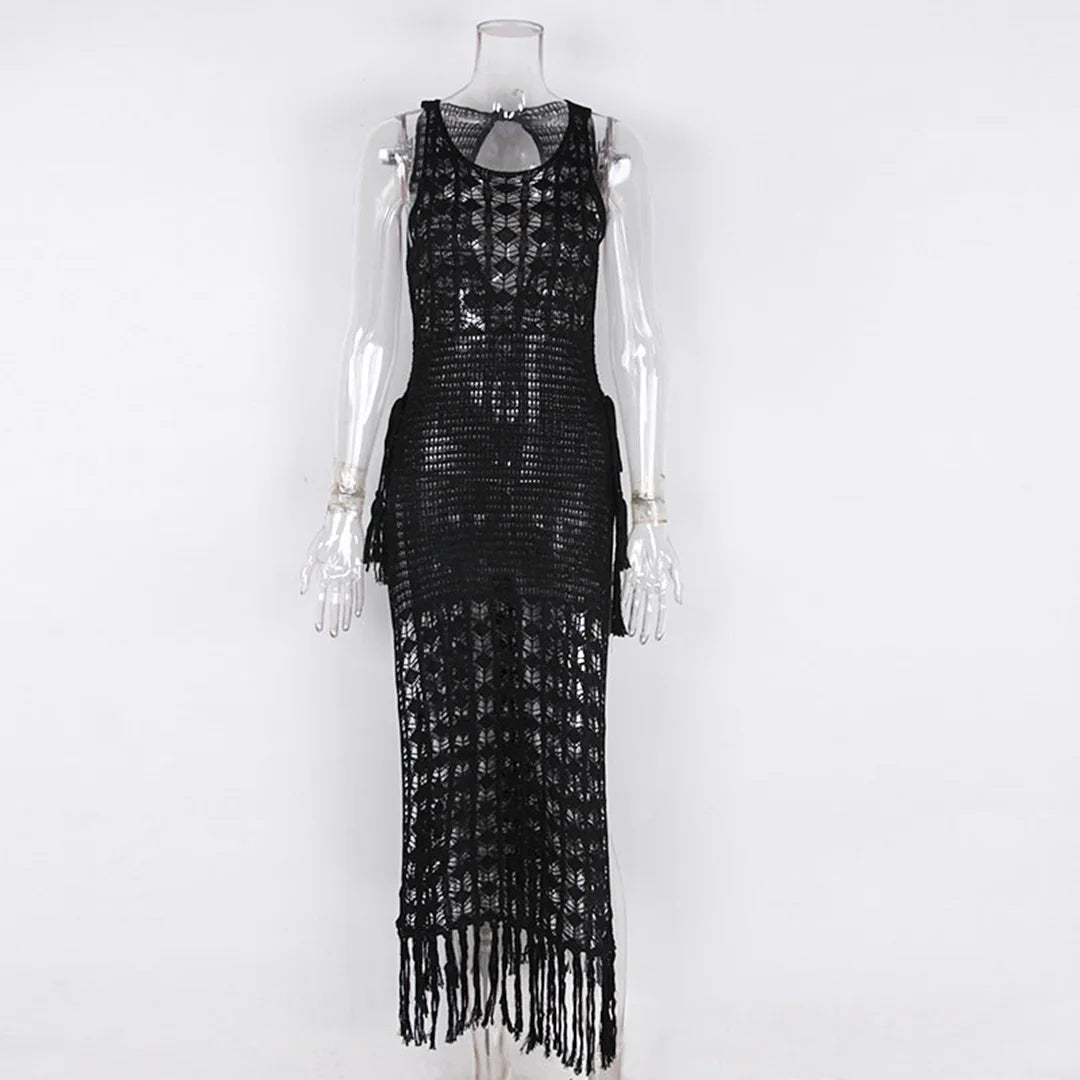 S- XL Sexy Hollow Out Fringe Tassel Knitted Crochet Tunic Beach Cover Up Cover-ups Beach Dress Beach Wear Beachwear Female V3800