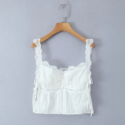 Foridol White Lace Tops for Women Summer Casual Side Tie Up Cotton Camis Top Buttons Casual Beach Vacation New Tops