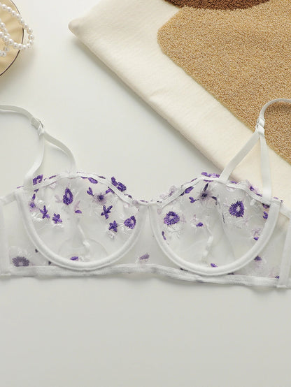 Beautiful flower embroidered bra, transparent sexy underwear with adjustable shoulder straps MR2956