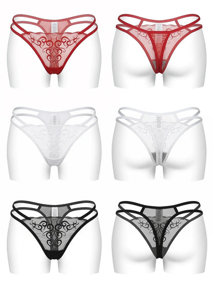 3 Pcs Women Embroidered Thong Sexy G-string Lace Mesh See-through Low Rise Elegant Seductive Lingerie C857