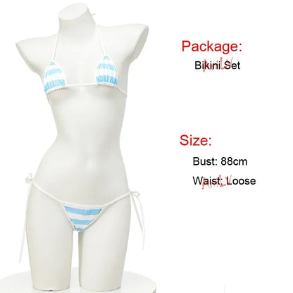 PU Leather Micro Bikini Set Women Swimsuit Japanese Kawaii Stripes Bra Set Sexy Lingerie Underwear Summer Swimwear Costume