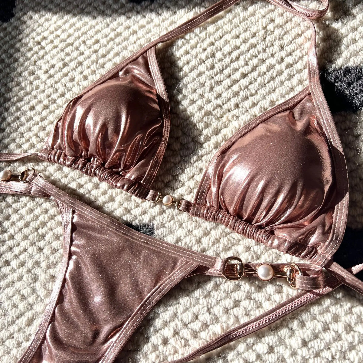DEKA Sexy Brazilian Shiny Pearl Micro Bikini Faux Leather Swimwear Women Thong Swimsuit Halter Triangle Bikini Set Bathing Suit