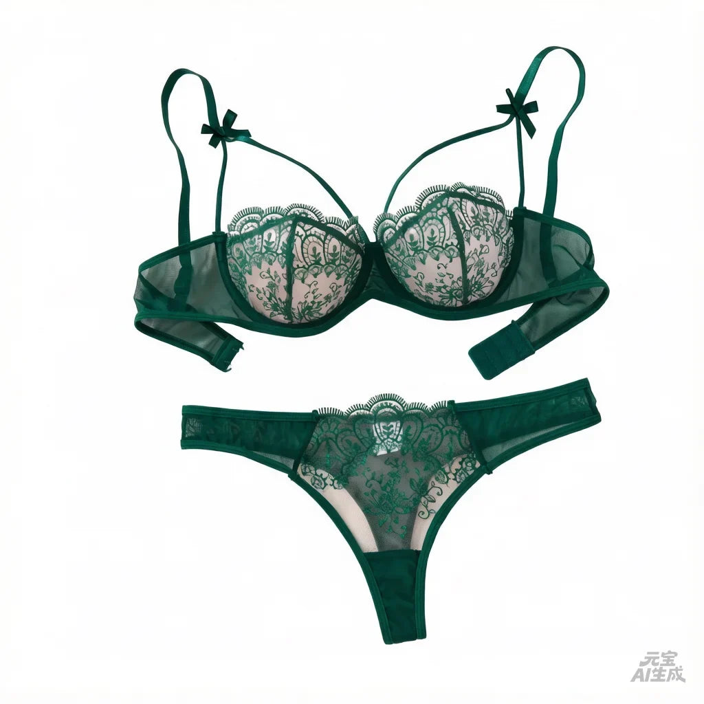 Green Floral Lace Lingerie Set Sheer Mesh Underwire Bra With Bow &amp; Thong Women Sexy Underwear ZA824057