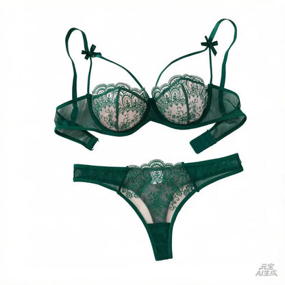Green Floral Lace Lingerie Set Sheer Mesh Underwire Bra With Bow &amp; Thong Women Sexy Underwear ZA824057