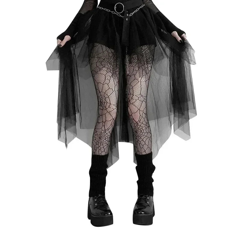 Casual Skirts Punk Sexy Net Yarn High-Waisted Irregular Skirt for Women Summer New European and American Gothic Style Versatile