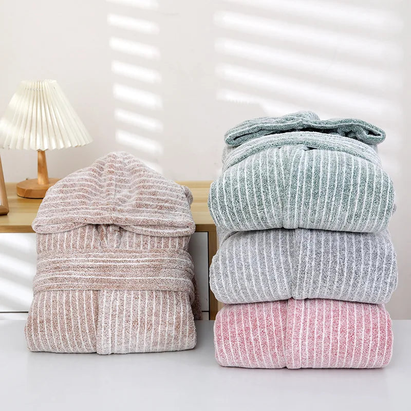 1pcs Unisex Autumn Stripe Bathrobe Hooded Kimono Bath Robe Night Cozy Sleepwear Women Dressing Gown Home Clothes 2025 New
