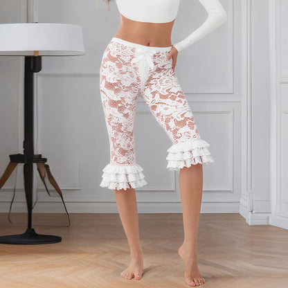 Women Summer Lace Ruffle Capri Leggings Solid Color Sheer Mesh Elastic High Waist See Through Pants
