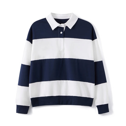 Women Long Sleeve Spring Fall Lapel Collar T-shirts Striped Contrast Color Loose Pullovers Streetwear Tops
