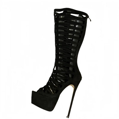 2025 New Summer Open Toe Women Knee High Boots Sandals Design Style Narrow Band Thin High Heels Zipper Party Shoes