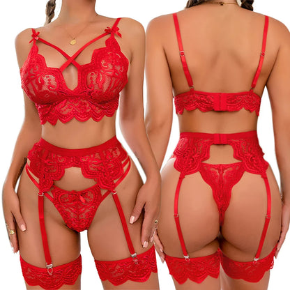 Sexy Erotic Lingerie Women Bra And Panty Garters 3pcs See Through Lingerie Sets Sexy Women&