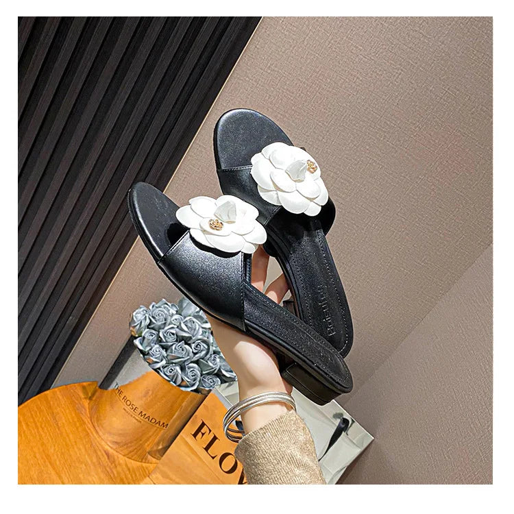 High End Luxury Flower Slippers Women Camellia Shoes Open Toe Slides Femme Outside&amp;Home Pantuflas Sandals Ladies Flip Flops