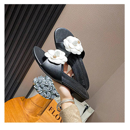 High End Luxury Flower Slippers Women Camellia Shoes Open Toe Slides Femme Outside&amp;Home Pantuflas Sandals Ladies Flip Flops