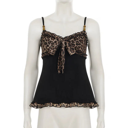 American Hotsweet Y2k Leopard Camisole Women Retro Streetwear E-girl 90s Dark Gothic Sexy Patchwork Lace-up Crop Tank Top Femme
