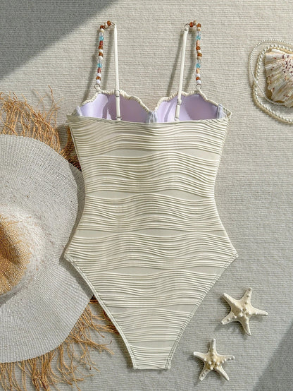 DEKA Sexy Shell Shape Underwire  One Piece Swimsuit Bikini Tie Side Swimwear Women Colorful Pearls Strap Push Up Bathing Suit