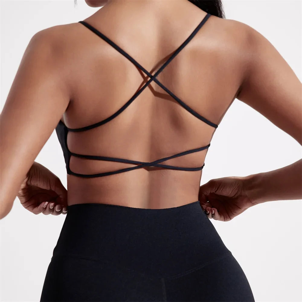 Solid Color cross back Women Fitness Sport bra top soft tight Comprehensive training jogging gym yoga underwear With chest pad