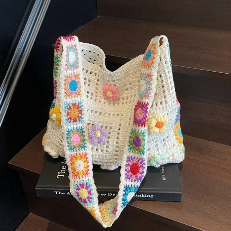 Dawndesslo Boho Crochet Bag Floral Knitted Handbag With Large Capacity