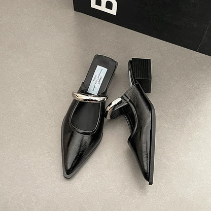 2026 New Summer Women Cover Toe Mules Slippers Fashion Metal Decoration Thick Heel Slide Shoes Comfort Street Style Footwear