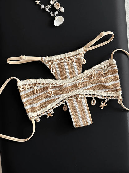 Striped Shell Fishnet Bandeau Bikini Women Swimsuit Female Swimwear Two Pieces Bikini Set Mini Micro Thong Bathing Suit Swim