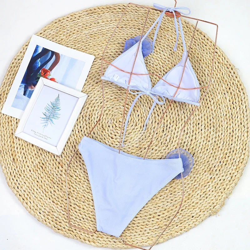 3D Floral Print Brazilian Micro Bikini Set Solid Color Sexy Women&