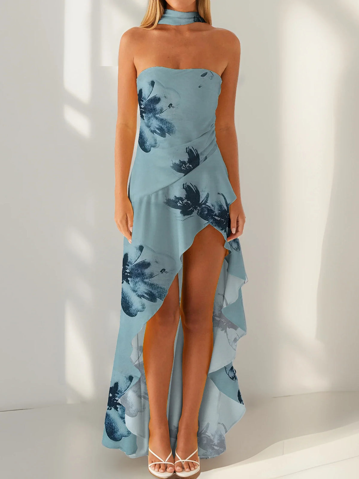 Women Summer Casual Tube Dress Fashion Solid Color/Floral Print High Low Ruffles Long Dresses with Scarf