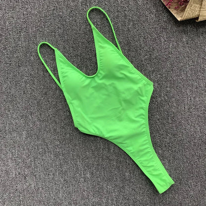 2026 Fluorescent Green One Piece Swimsuit for Women,solid Color,thong Backless Bikini,U-neck Suspender Swimwear,Adjustable Strap