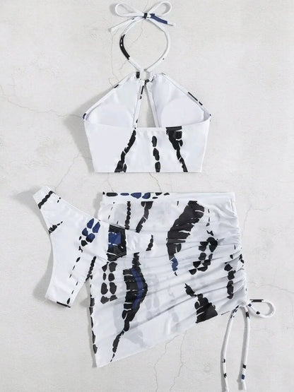 3 Pieces Thong Bikini 2026 Women Halter Swimwear Female Swimsuit With Skirt Beach Wear Printed Bathing Suit Summer Swimming