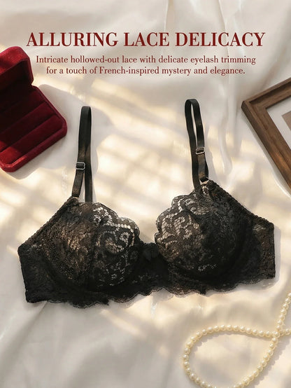 Black Lace Bra Women Push Up Sexy Eyelash Trim French Elegance Underwear Lingerie Lace Bralette Adjustable Straps Intimate A3166