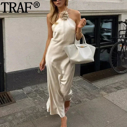 MUJER Flower Halter Dress Woman Off Shoulder Satin Long Dress Women Backless Sexy Evening Dresses Summer Party Dresses For Women