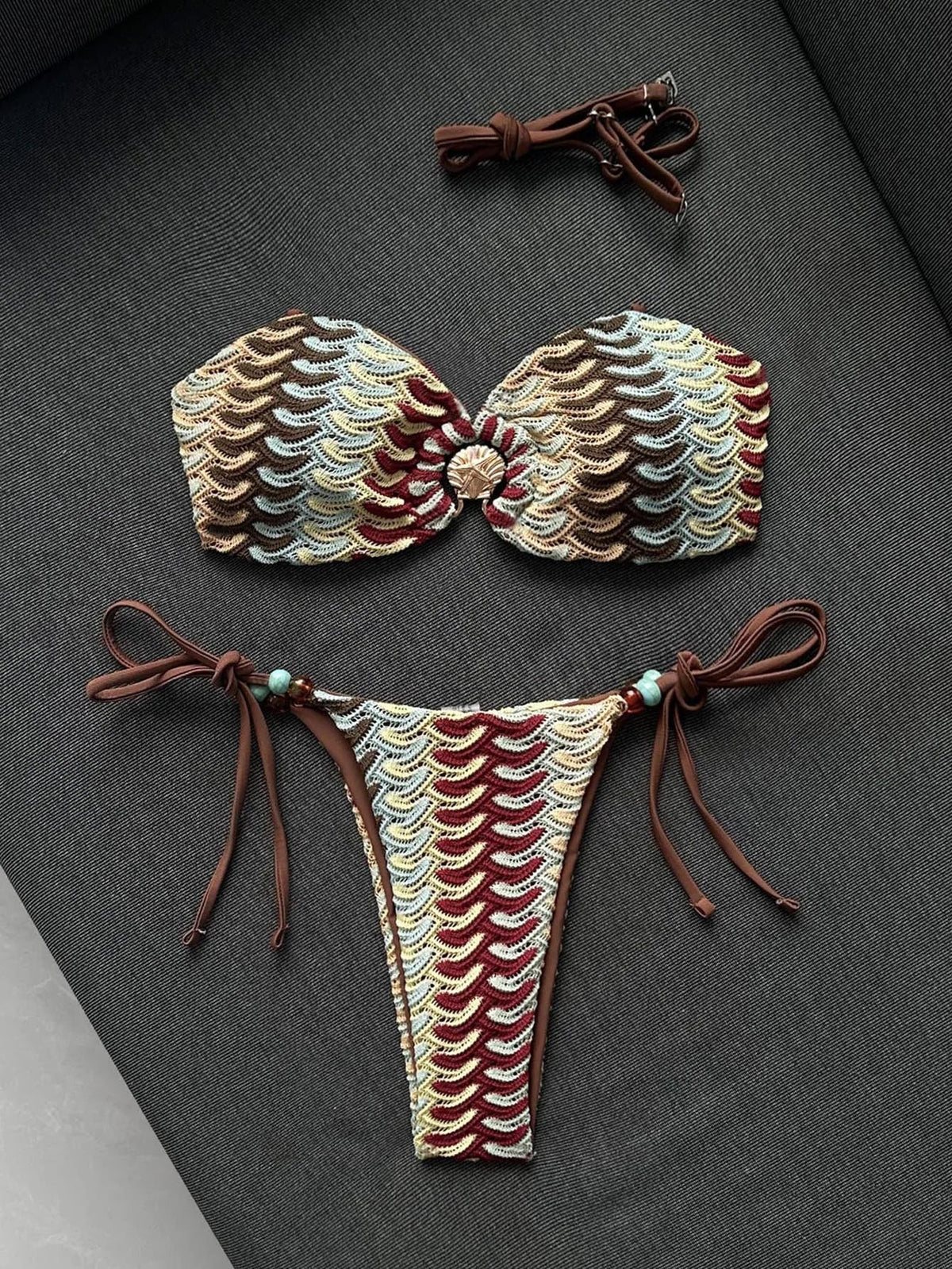 Sexy Coffee Striped Micro Bikini 2026 Women Bandeau Metal Shell Push Up Bra Bandage Thong Swimwear Beach Bathing Suit Swimsuit