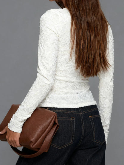Women Long Sleeve Round Neck Spring Fall Lace Tops Slim Fit Solid Color Oblique Button Up T-shirts
