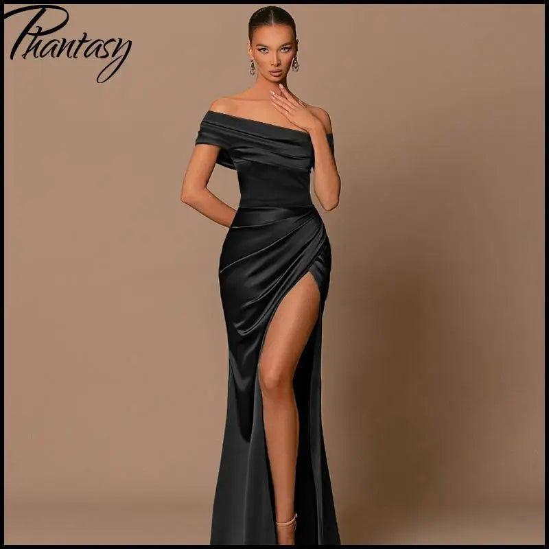 Elegant Satin Solid Color Off-Shoulder Women&