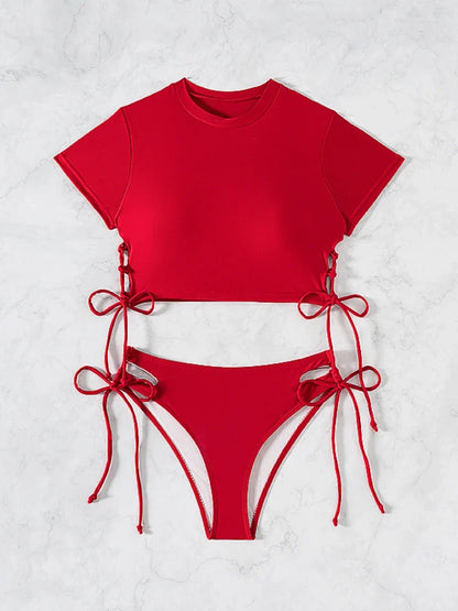 2026 New 2 Piece Swimsuit for Women Solid Color Sexy Drawstring Short Sleeve Bikini Set Beach Vacation Bathing Suit Swimwear