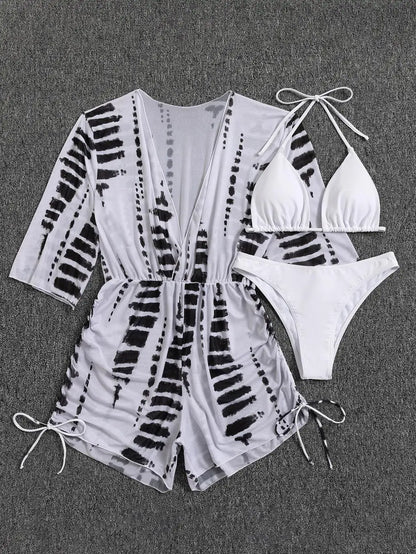 3 Pieces Bikini Tropical Print Swimsuit Halter Drawstring Side Swimwear Women 2026 Bathing Suit Female Swimming Summer Beachwear
