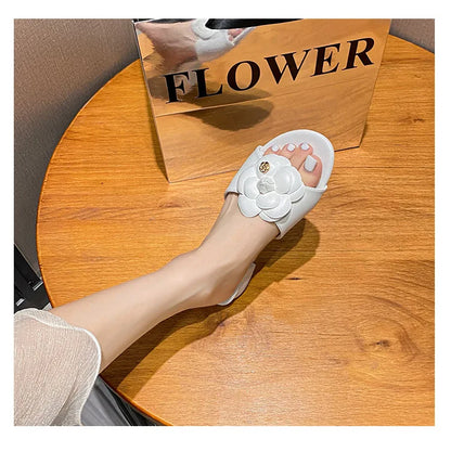 High End Luxury Flower Slippers Women Camellia Shoes Open Toe Slides Femme Outside&amp;Home Pantuflas Sandals Ladies Flip Flops