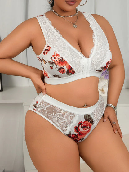 Plus Size Seamless Lingerie Set, Nordic Leopard Print Sheer Front Closure Full Bust Support Bra