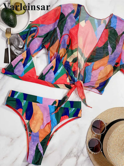 S - XXL Colorful Print High Waist Bikini Female Swimsuit Women Swimwear Three-Pieces Bikini Set Bather Bathing Suit Swim V2805