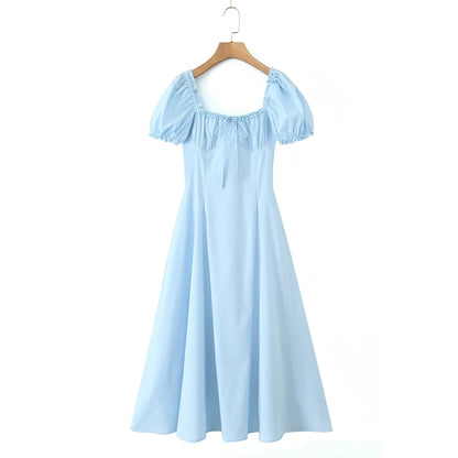 Bowknot Ruffles Light Blue Midi Dress Women&
