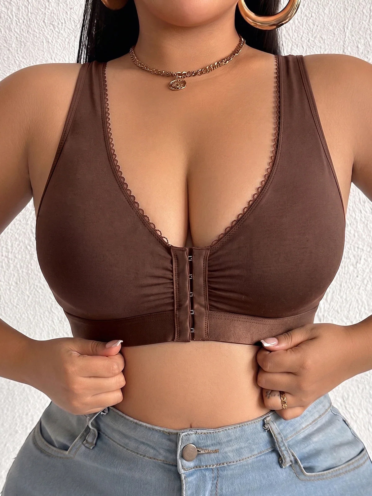 Full Cup Plus Size Women Bra Front Closure Wireless Unlined Thin Cup Gathering Brassiere Comfort Side Support Everyday Bra