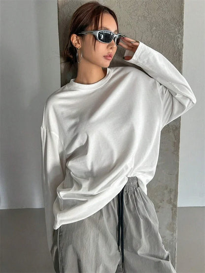 Women Basic Long Sleeve Loose O-neck T-shirt Autumn Winter Solid Color Tee Top Streetwear