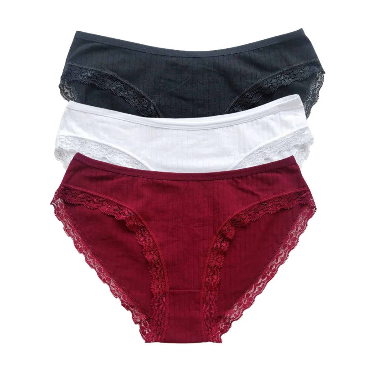 3Pcs/Set Cotton Panties Women Lace Trim Briefs Female Underpants Solid Color Soft Underwear Sexy Lingerie Intimates M-XL
