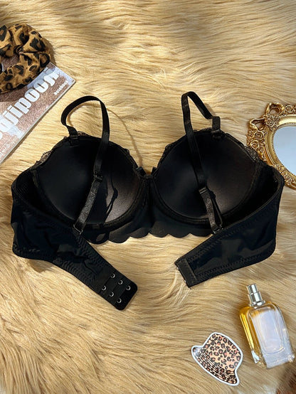 Sexy hot Lace trim spliced with leopard print bra Underwire Support &amp; Wavy Scalloped Edge Push up bra Women&