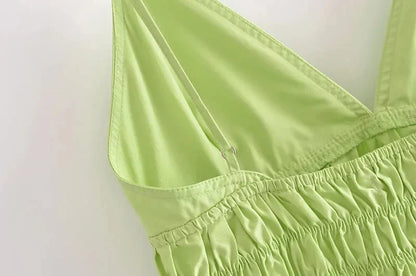 Foridol Elastic Smocking Green Cotton V Neck Summer Women&