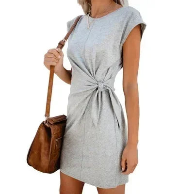 Dress Women Summer O-neck Short Sleeve Asymmetrical Lace Up Waist Solid Color Dresses 2022 Casual Vestidos Dropshipping JQMY9675