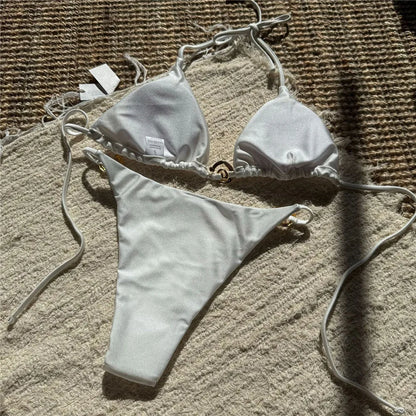 Solid Orange Swimwear Metal Ring String Halter Triangle Micro Bikini Thong Sexy Swimsuit Women 2026 Bathing Suit Bikinis Sets