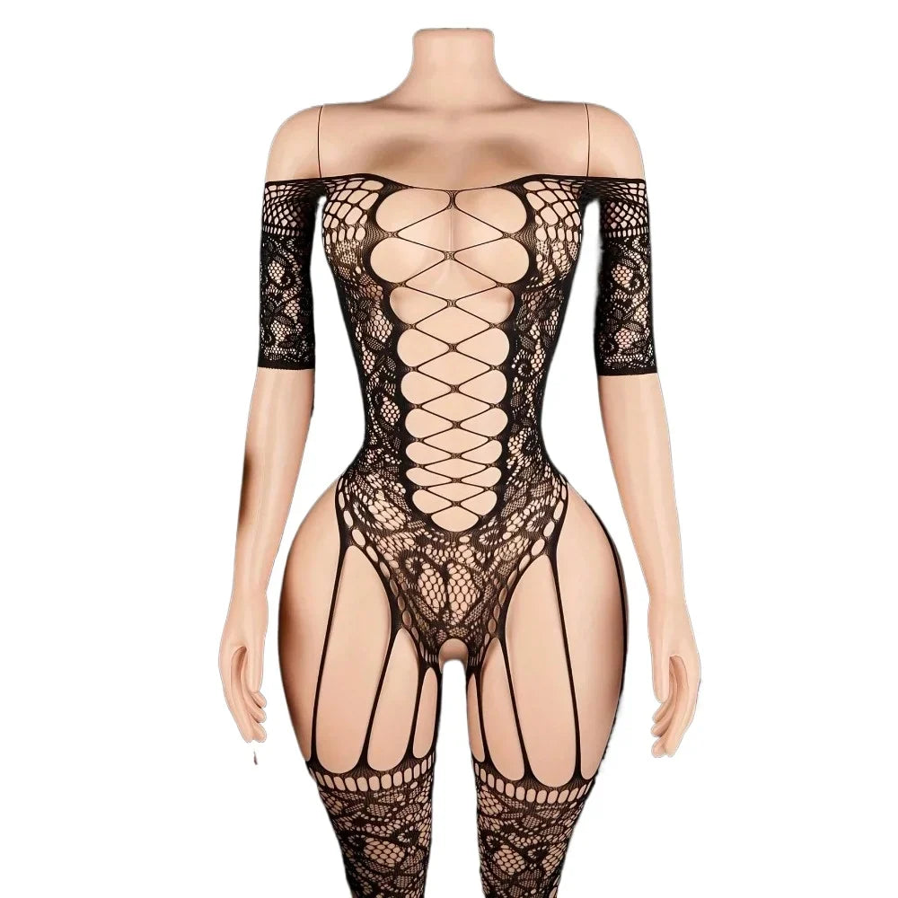 Sexy Lingerie Jumpsuit, Open Crotch Exposed Breast Bra Mesh Suit, Women&