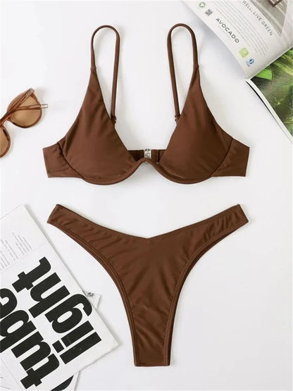 Sexy Underwire Bikini 2026 Mujer Women Solid Red Push Up Bra Thong Swimsuit Haler V Neck Bathing Suit Mini Micro Thong Swimwear