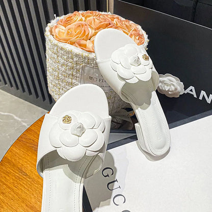 High End Luxury Flower Slippers Women Camellia Shoes Open Toe Slides Femme Outside&amp;Home Pantuflas Sandals Ladies Flip Flops