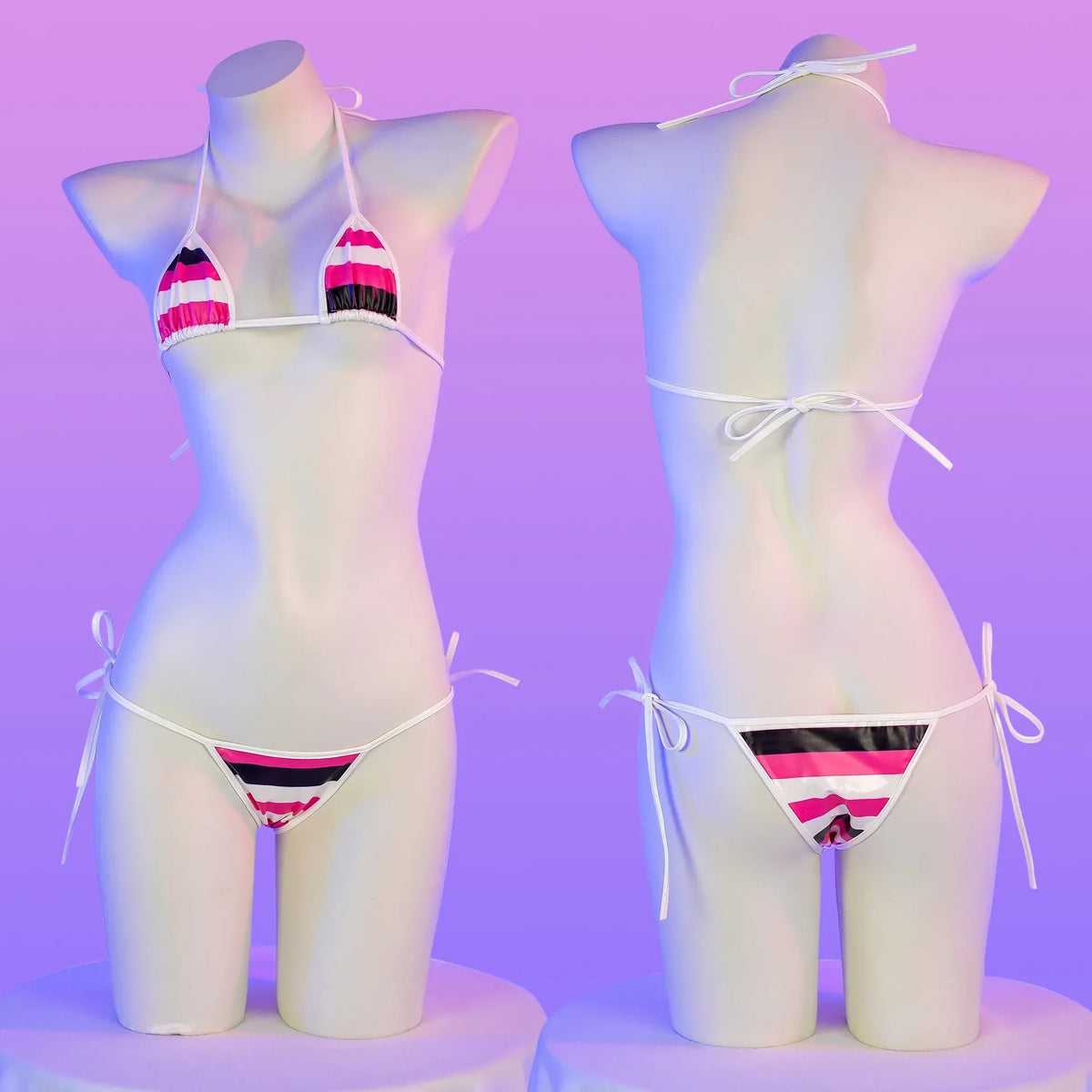 PU Leather Micro Bikini Set Women Swimsuit Japanese Kawaii Stripes Bra Set Sexy Lingerie Underwear Summer Swimwear Costume