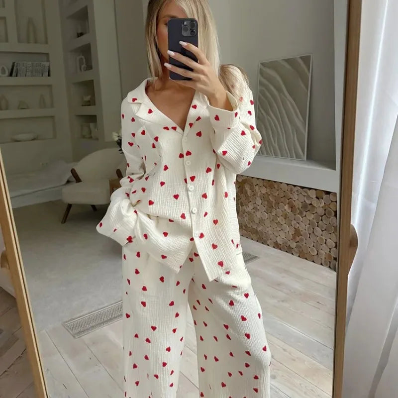 Summer New Love Heart Print Pyjama 100% Cotton Long Sleeve Set 2Pcs Outfit Lapel Sleepwear Button Down Women&